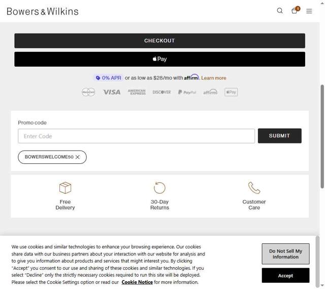 Bowers & Wilkins checkout page showing Bowers & Wilkins promo code box | Screenshot taken by SimplyCodes community member on Jul 18, 2025