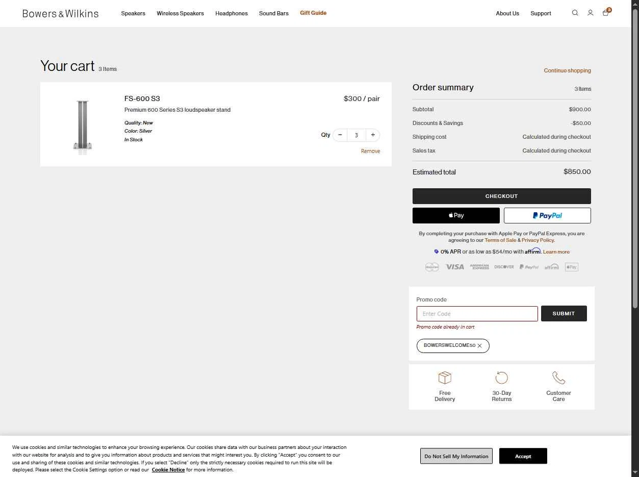 Bowers & Wilkins checkout page showing Bowers & Wilkins promo code box | Screenshot taken by SimplyCodes community member on Oct 20, 2025