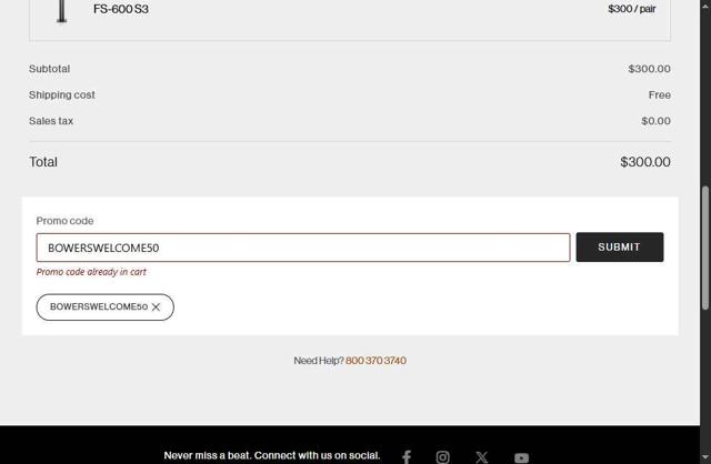 Bowers & Wilkins checkout page showing Bowers & Wilkins promo code box | Screenshot taken by SimplyCodes community member on Jul 18, 2025