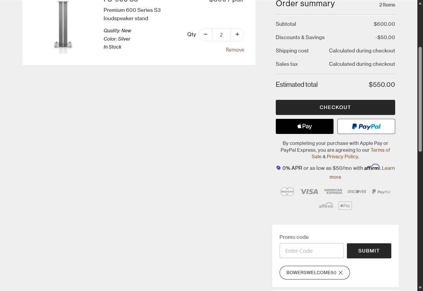 Bowers & Wilkins checkout page showing Bowers & Wilkins promo code box | Screenshot taken by SimplyCodes community member on Nov 19, 2025