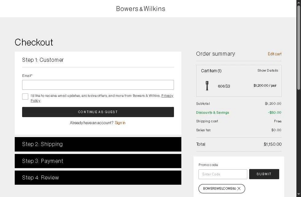 Bowers & Wilkins checkout page showing Bowers & Wilkins promo code box | Screenshot taken by SimplyCodes community member on Jan 20, 2026