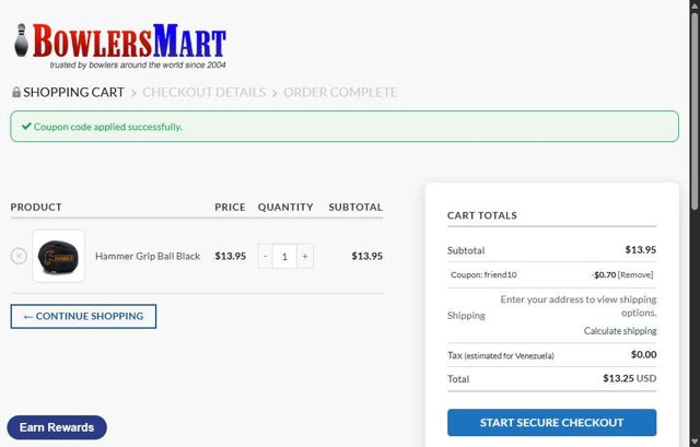 BowlersMart.com checkout page showing BowlersMart.com coupon code box | Screenshot taken by SimplyCodes community member on Jul 24, 2025
