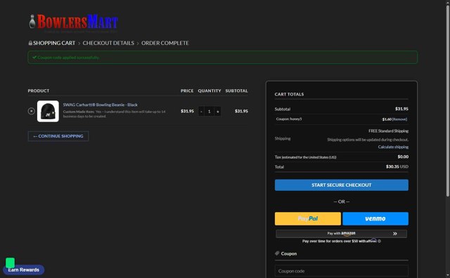 BowlersMart.com checkout page showing BowlersMart.com coupon code box | Screenshot taken by SimplyCodes community member on Aug 4, 2025