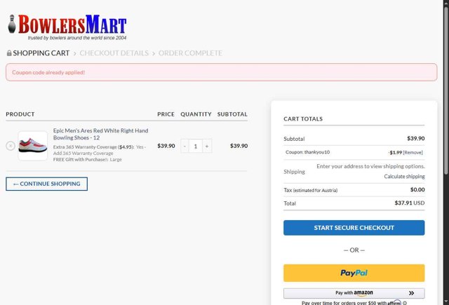 BowlersMart.com checkout page showing BowlersMart.com coupon code box | Screenshot taken by SimplyCodes community member on Sep 4, 2025