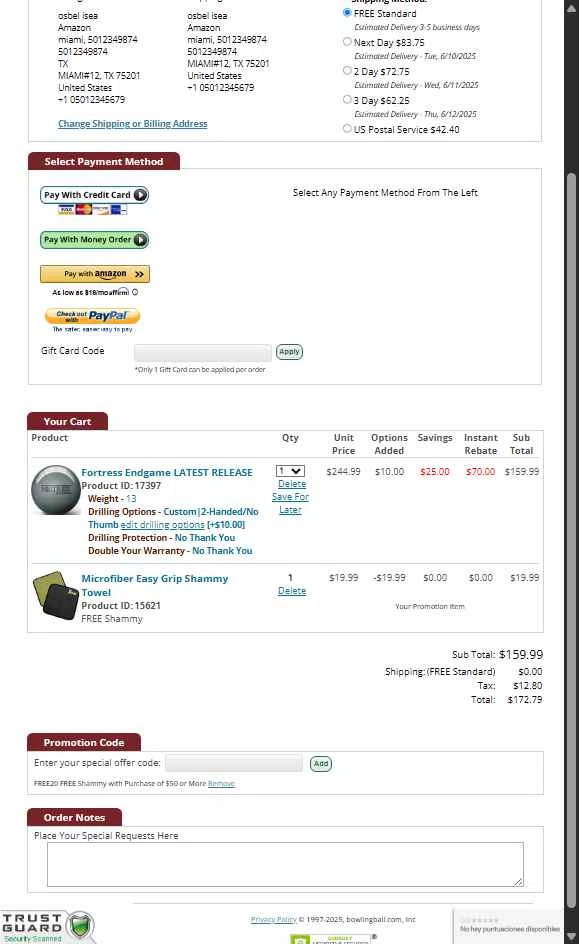 Bowlingball.com checkout page showing Bowlingball.com coupon code box | Screenshot taken by SimplyCodes community member on Jun 7, 2025