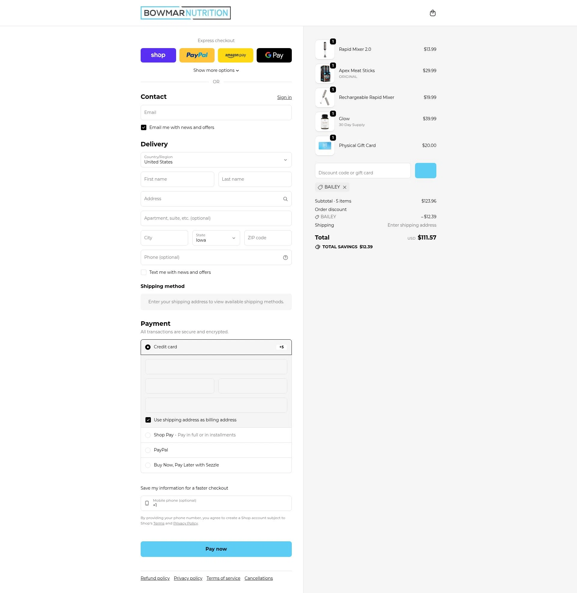 Bowmar Nutrition checkout page showing Bowmar Nutrition discount code box | Screenshot taken by SimplyCodes community member on Feb 10, 2026