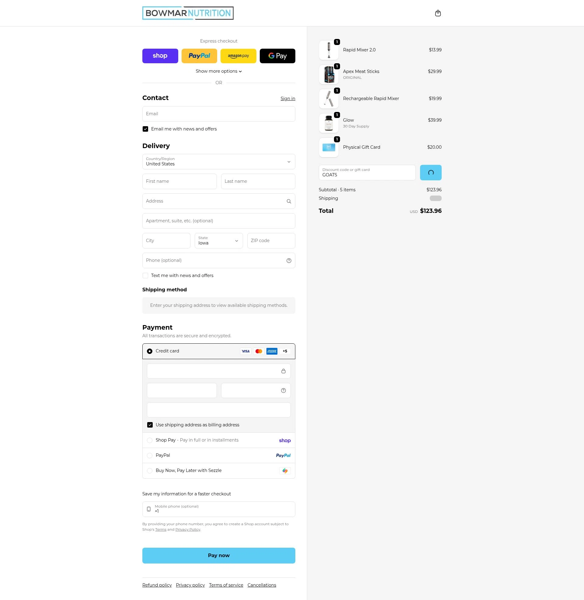 Bowmar Nutrition checkout page showing Bowmar Nutrition discount code box | Screenshot taken by SimplyCodes community member on Feb 10, 2026