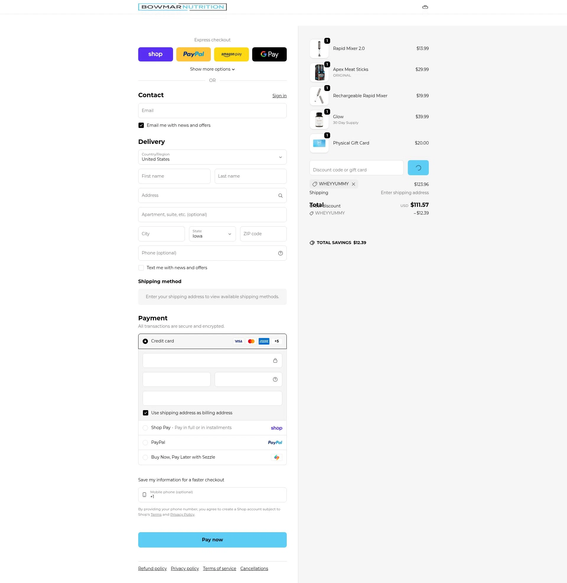 Bowmar Nutrition checkout page showing Bowmar Nutrition discount code box | Screenshot taken by SimplyCodes community member on Feb 10, 2026