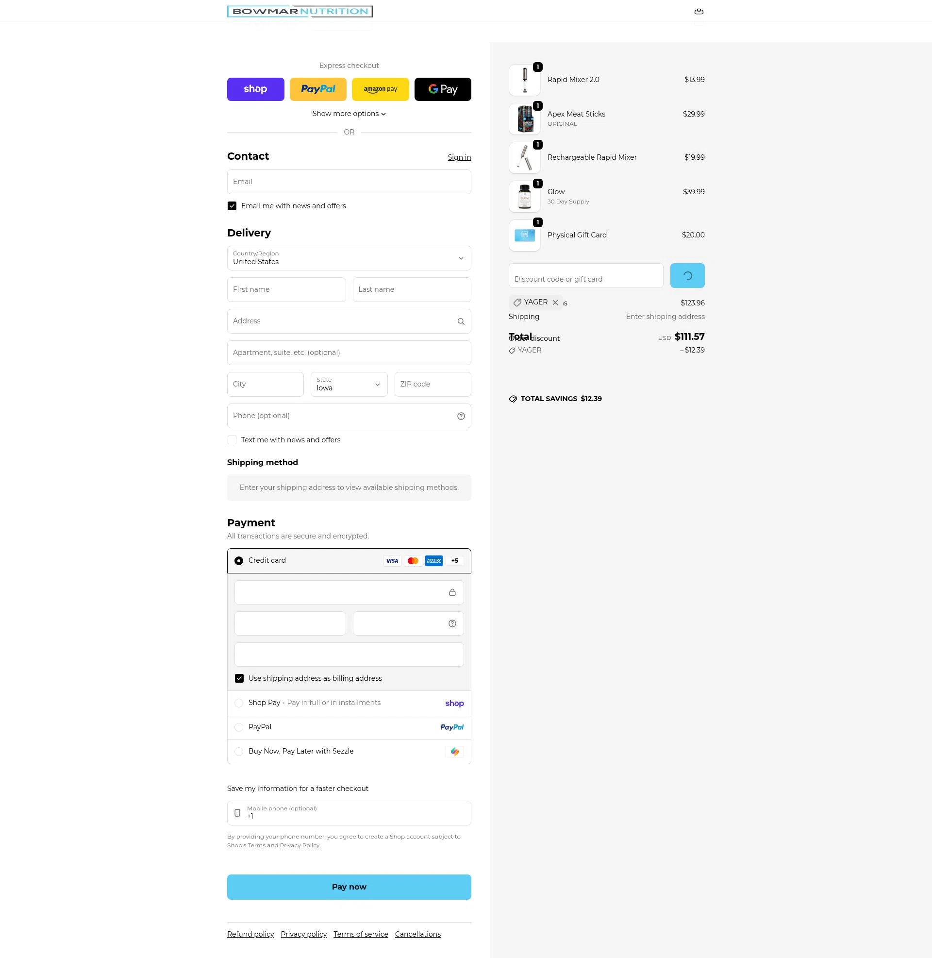 Bowmar Nutrition checkout page showing Bowmar Nutrition discount code box | Screenshot taken by SimplyCodes community member on Feb 10, 2026