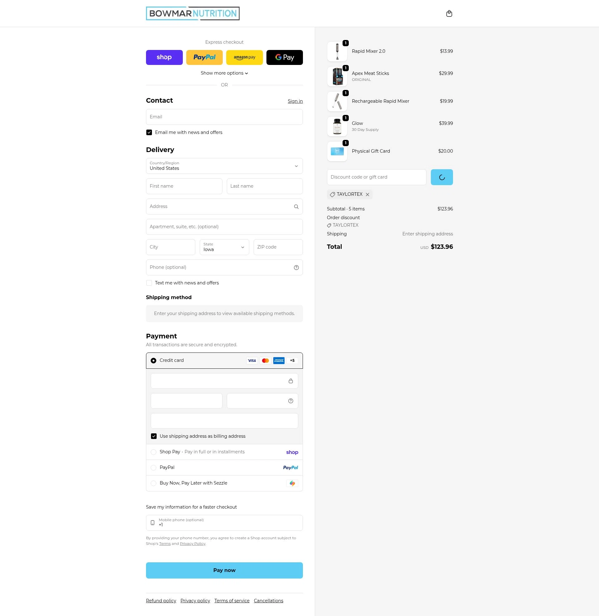 Bowmar Nutrition checkout page showing Bowmar Nutrition discount code box | Screenshot taken by SimplyCodes community member on Feb 10, 2026