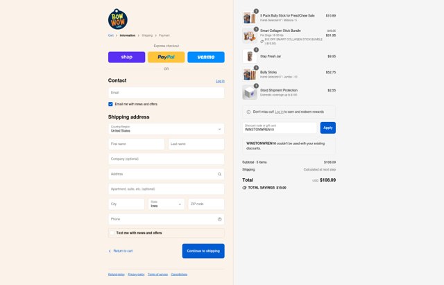 Bow Wow Labs checkout page showing Bow Wow Labs promo code box | Screenshot taken by SimplyCodes community member on Sep 2, 2025