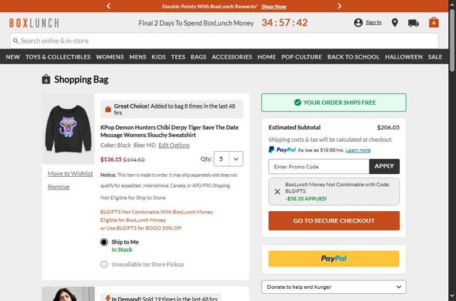 BoxLunch checkout page showing BoxLunch promo code box | Screenshot taken by SimplyCodes community member on Aug 23, 2025