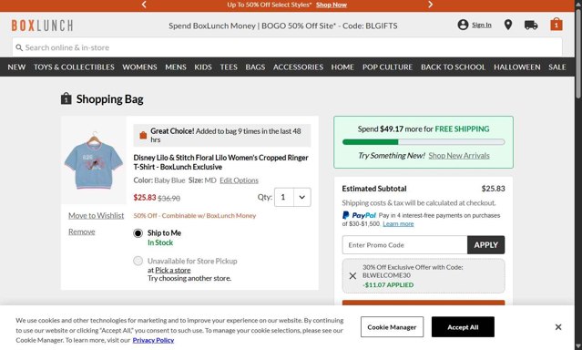 BoxLunch checkout page showing BoxLunch promo code box | Screenshot taken by SimplyCodes community member on Aug 14, 2025