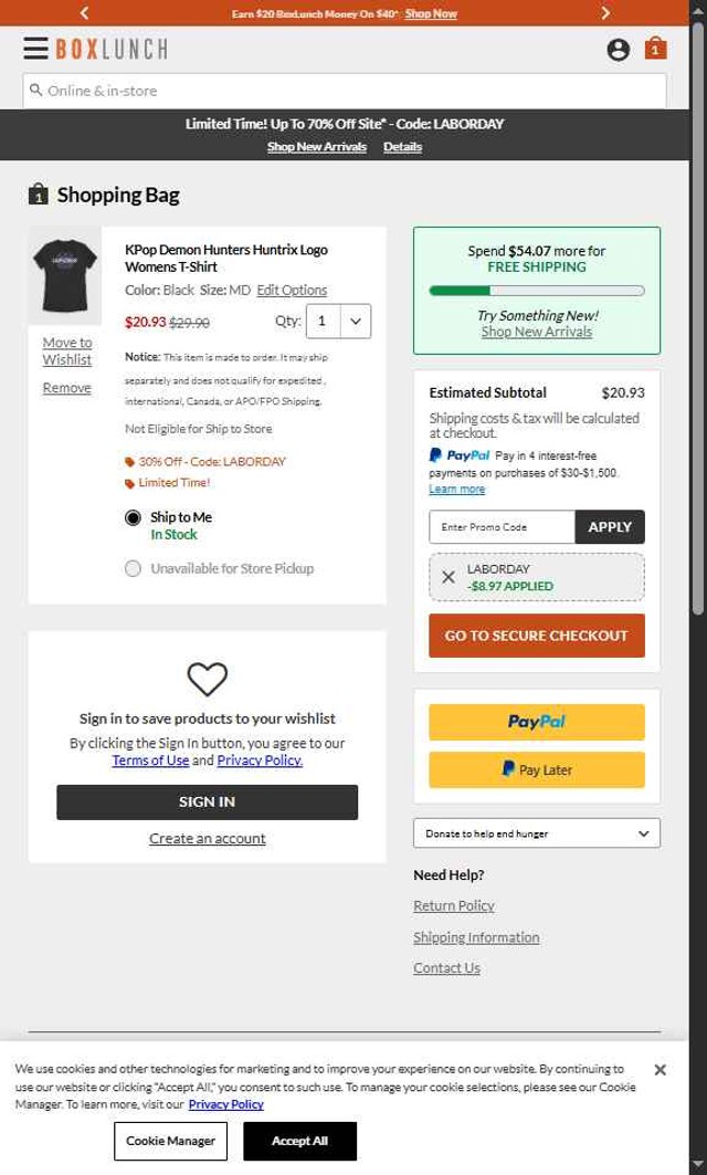BoxLunch checkout page showing BoxLunch promo code box | Screenshot taken by SimplyCodes community member on Aug 28, 2025