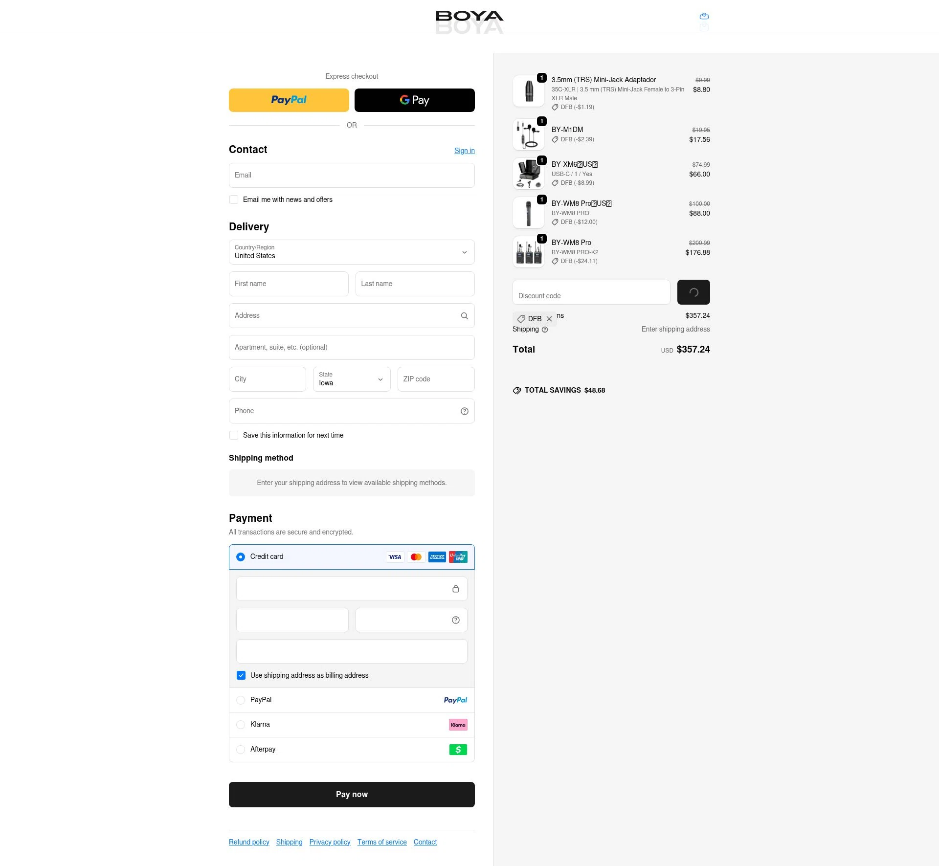 Boya checkout page showing Boya discount code box | Screenshot taken by SimplyCodes community member on Jan 31, 2026