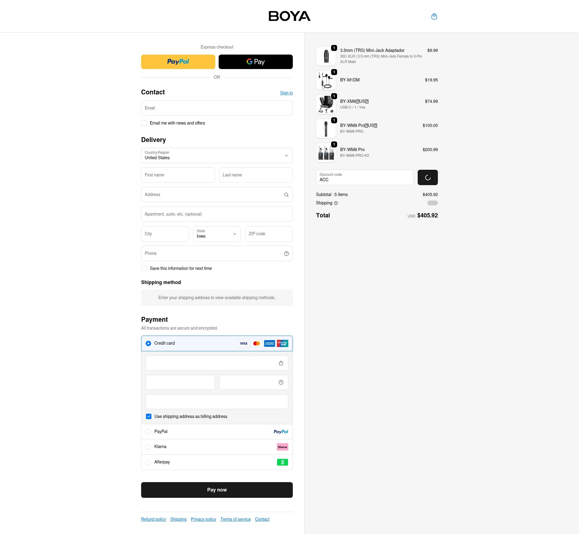 Boya checkout page showing Boya discount code box | Screenshot taken by SimplyCodes community member on Feb 4, 2026