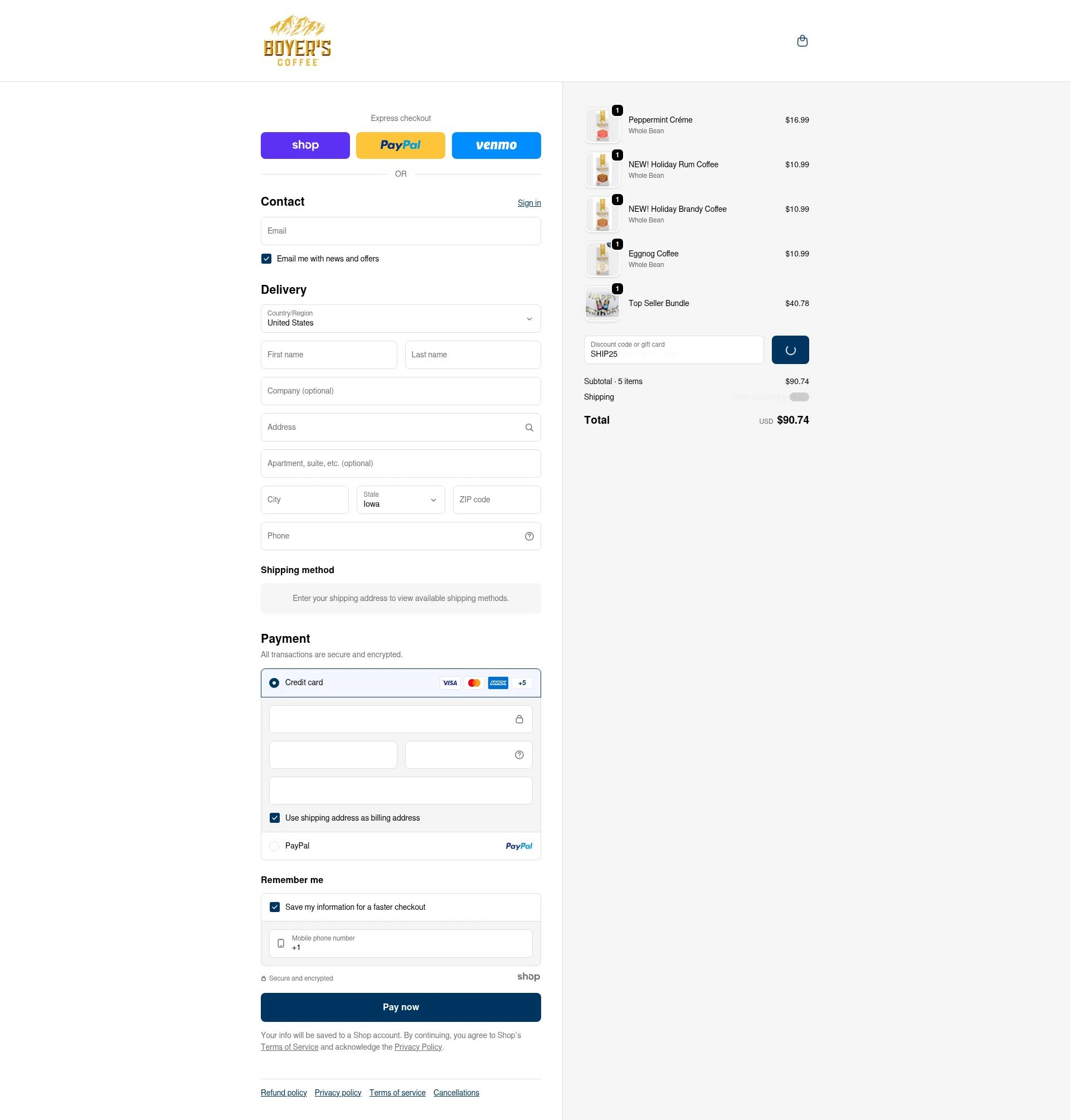 Boyer's Coffee checkout page showing Boyer's Coffee promo code box | Screenshot taken by SimplyCodes community member on Jan 7, 2026