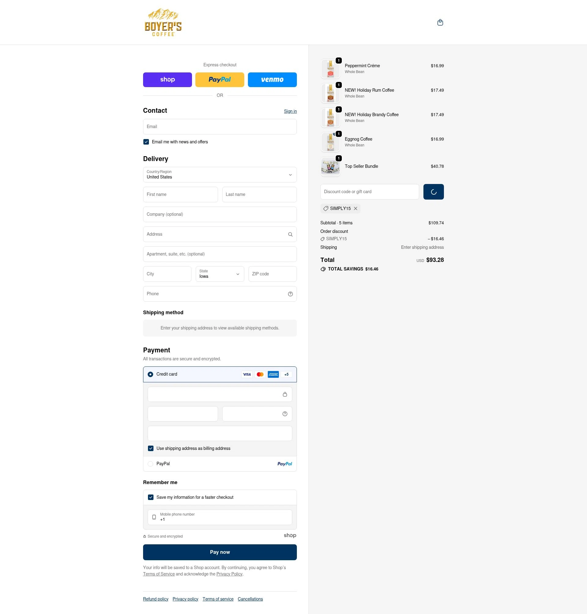 Boyer's Coffee checkout page showing Boyer's Coffee promo code box | Screenshot taken by SimplyCodes community member on Jan 2, 2026