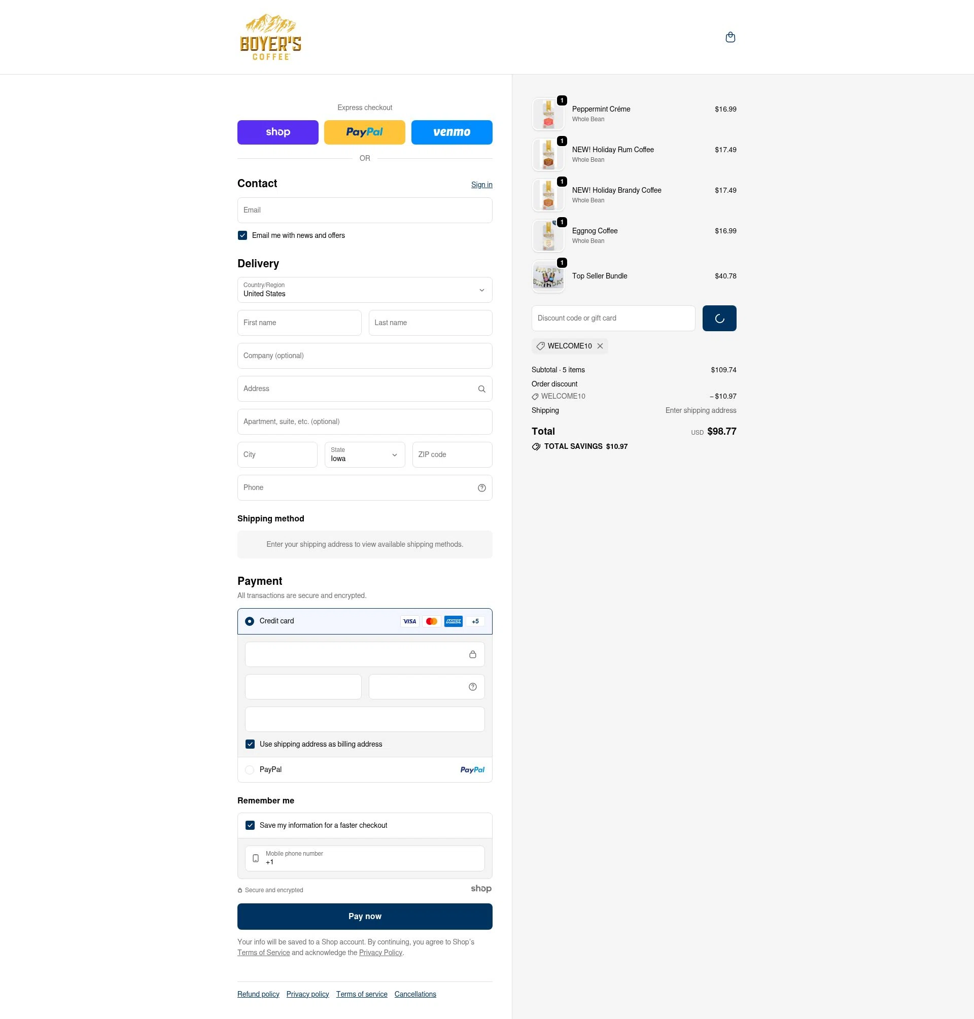 Boyer's Coffee checkout page showing Boyer's Coffee promo code box | Screenshot taken by SimplyCodes community member on Jan 2, 2026