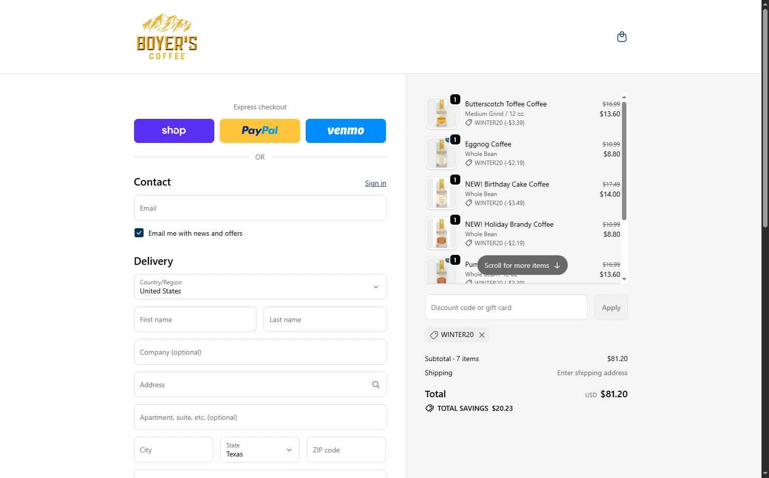 Boyer's Coffee checkout page showing Boyer's Coffee promo code box | Screenshot taken by SimplyCodes community member on Jan 5, 2026