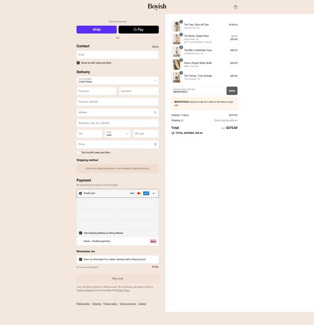 Boyish checkout page showing Boyish discount code box | Screenshot taken by SimplyCodes community member on Sep 12, 2025