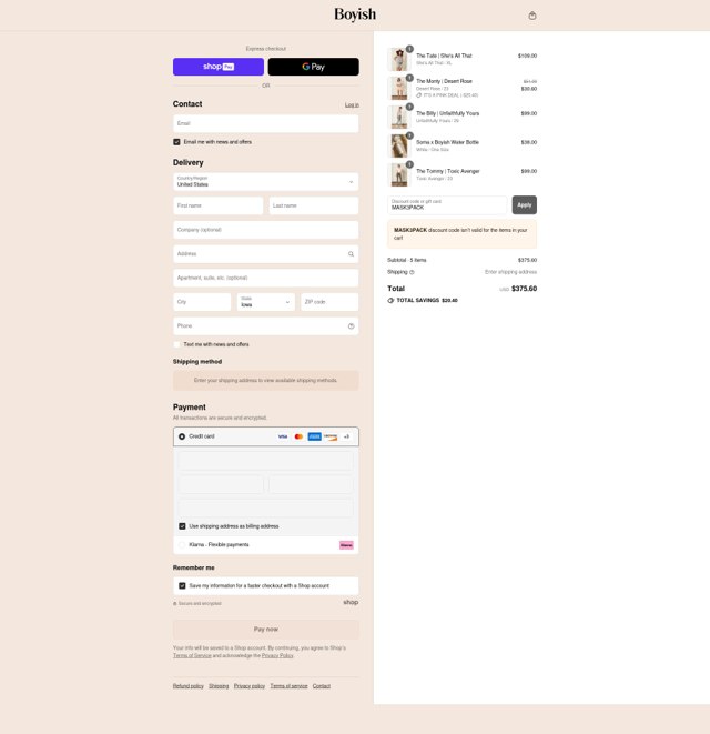 Boyish checkout page showing Boyish discount code box | Screenshot taken by SimplyCodes community member on Aug 13, 2025