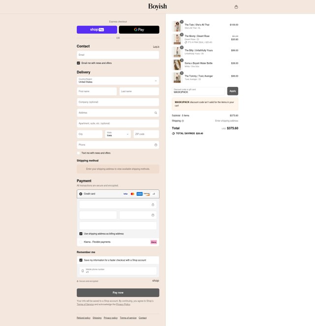 Boyish checkout page showing Boyish discount code box | Screenshot taken by SimplyCodes community member on Aug 9, 2025