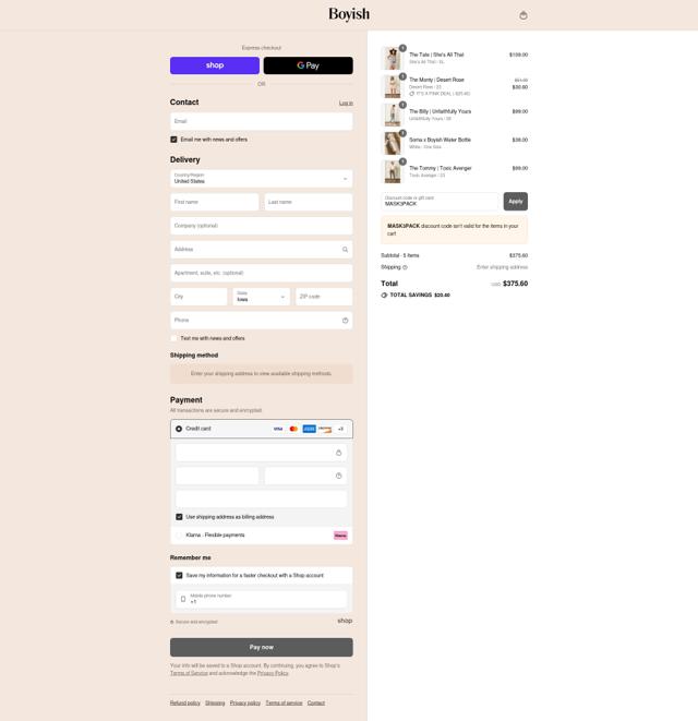 Boyish checkout page showing Boyish discount code box | Screenshot taken by SimplyCodes community member on Sep 8, 2025