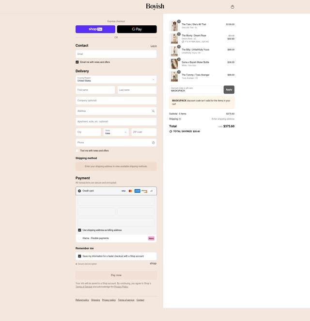 Boyish checkout page showing Boyish discount code box | Screenshot taken by SimplyCodes community member on Aug 27, 2025
