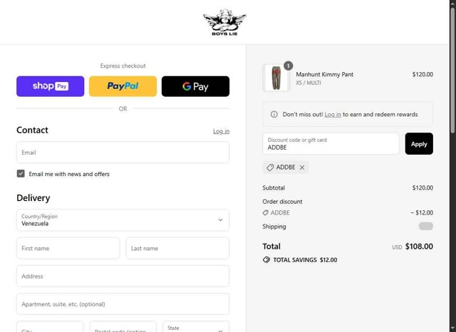 Boys Lie checkout page showing Boys Lie discount code box | Screenshot taken by SimplyCodes community member on Aug 25, 2025