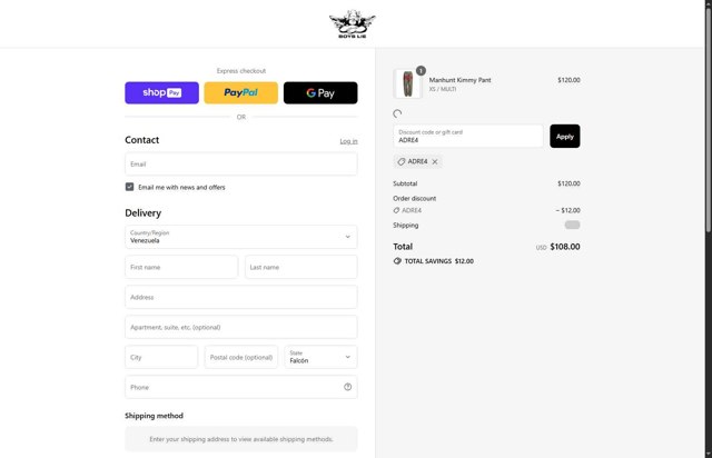 Boys Lie checkout page showing Boys Lie discount code box | Screenshot taken by SimplyCodes community member on Aug 27, 2025