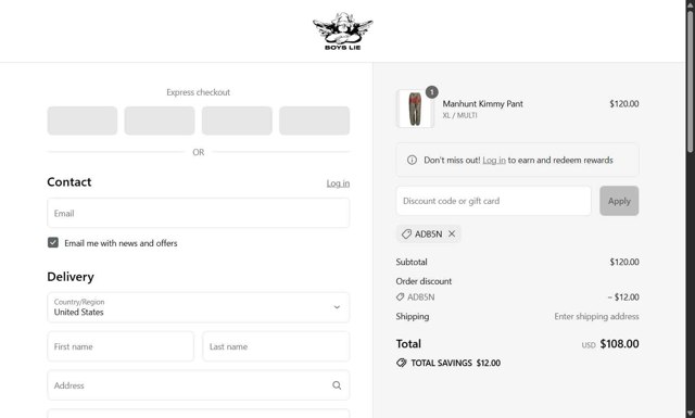 Boys Lie checkout page showing Boys Lie discount code box | Screenshot taken by SimplyCodes community member on Aug 25, 2025