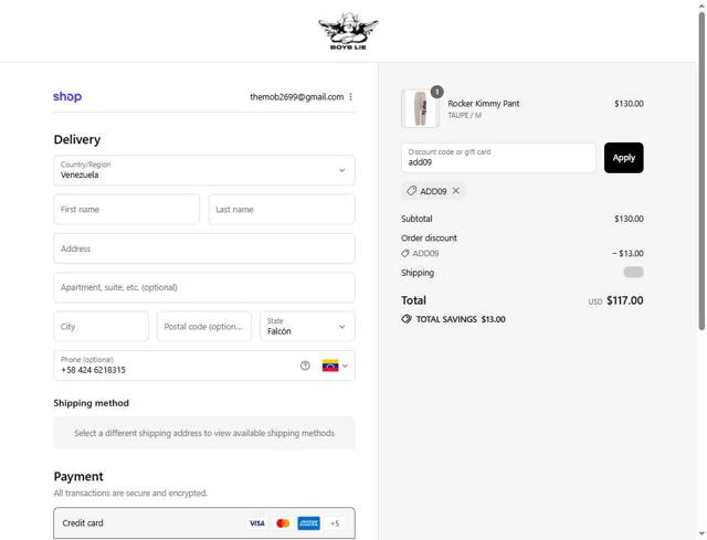 Boys Lie checkout page showing Boys Lie discount code box | Screenshot taken by SimplyCodes community member on Sep 12, 2025