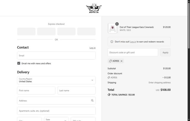 Boys Lie checkout page showing Boys Lie discount code box | Screenshot taken by SimplyCodes community member on Aug 27, 2025