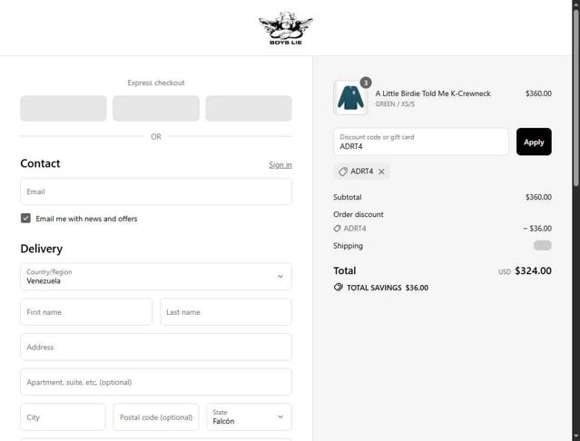 Boys Lie checkout page showing Boys Lie discount code box | Screenshot taken by SimplyCodes community member on Sep 14, 2025