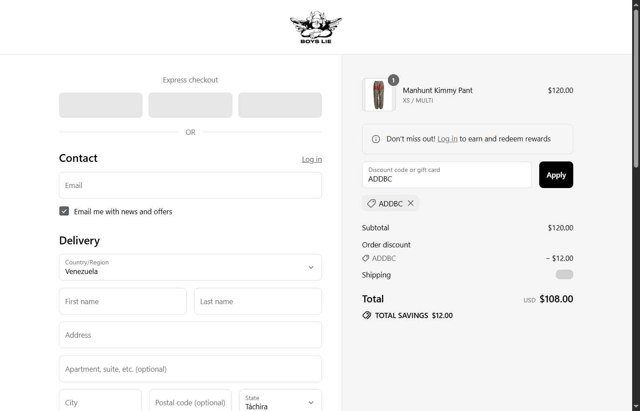 Boys Lie checkout page showing Boys Lie discount code box | Screenshot taken by SimplyCodes community member on Aug 25, 2025