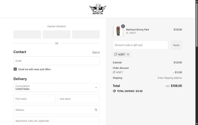 Boys Lie checkout page showing Boys Lie discount code box | Screenshot taken by SimplyCodes community member on Sep 12, 2025