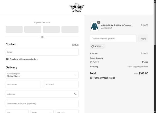 Boys Lie checkout page showing Boys Lie discount code box | Screenshot taken by SimplyCodes community member on Sep 12, 2025