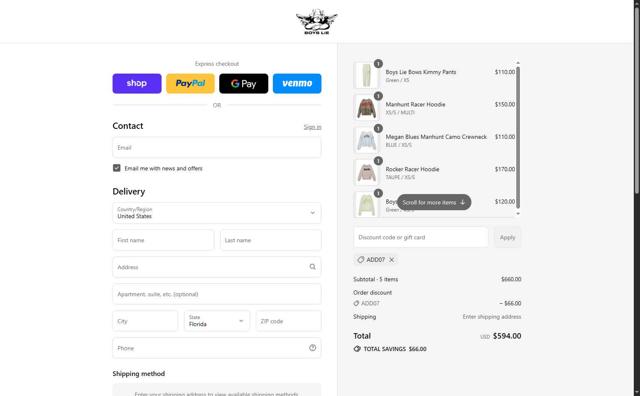 Boys Lie checkout page showing Boys Lie discount code box | Screenshot taken by SimplyCodes community member on Sep 12, 2025