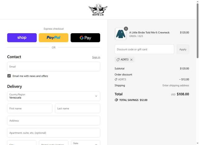 Boys Lie checkout page showing Boys Lie discount code box | Screenshot taken by SimplyCodes community member on Sep 12, 2025