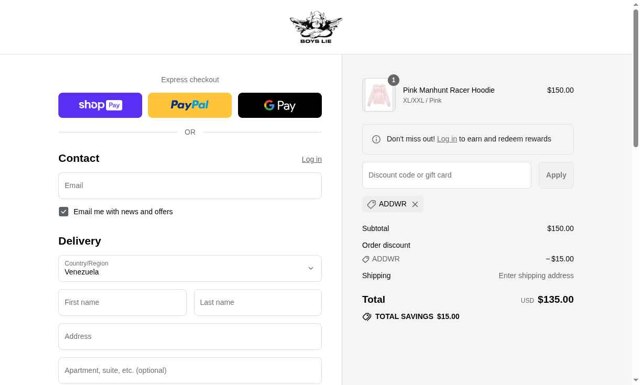 Boys Lie checkout page showing Boys Lie discount code box | Screenshot taken by SimplyCodes community member on Aug 28, 2025
