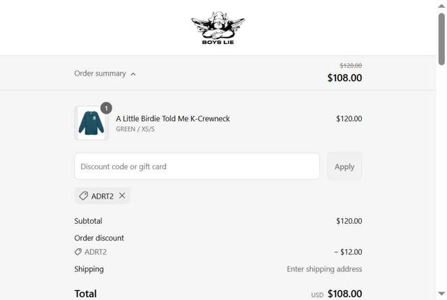 Boys Lie checkout page showing Boys Lie discount code box | Screenshot taken by SimplyCodes community member on Sep 12, 2025