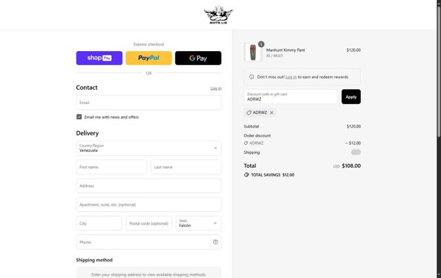 Boys Lie checkout page showing Boys Lie discount code box | Screenshot taken by SimplyCodes community member on Aug 26, 2025