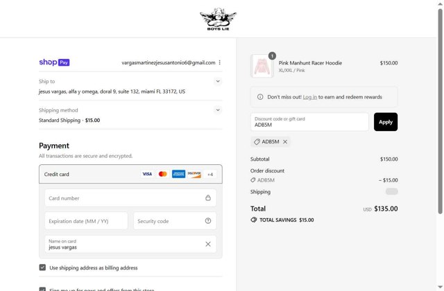 Boys Lie checkout page showing Boys Lie discount code box | Screenshot taken by SimplyCodes community member on Aug 25, 2025
