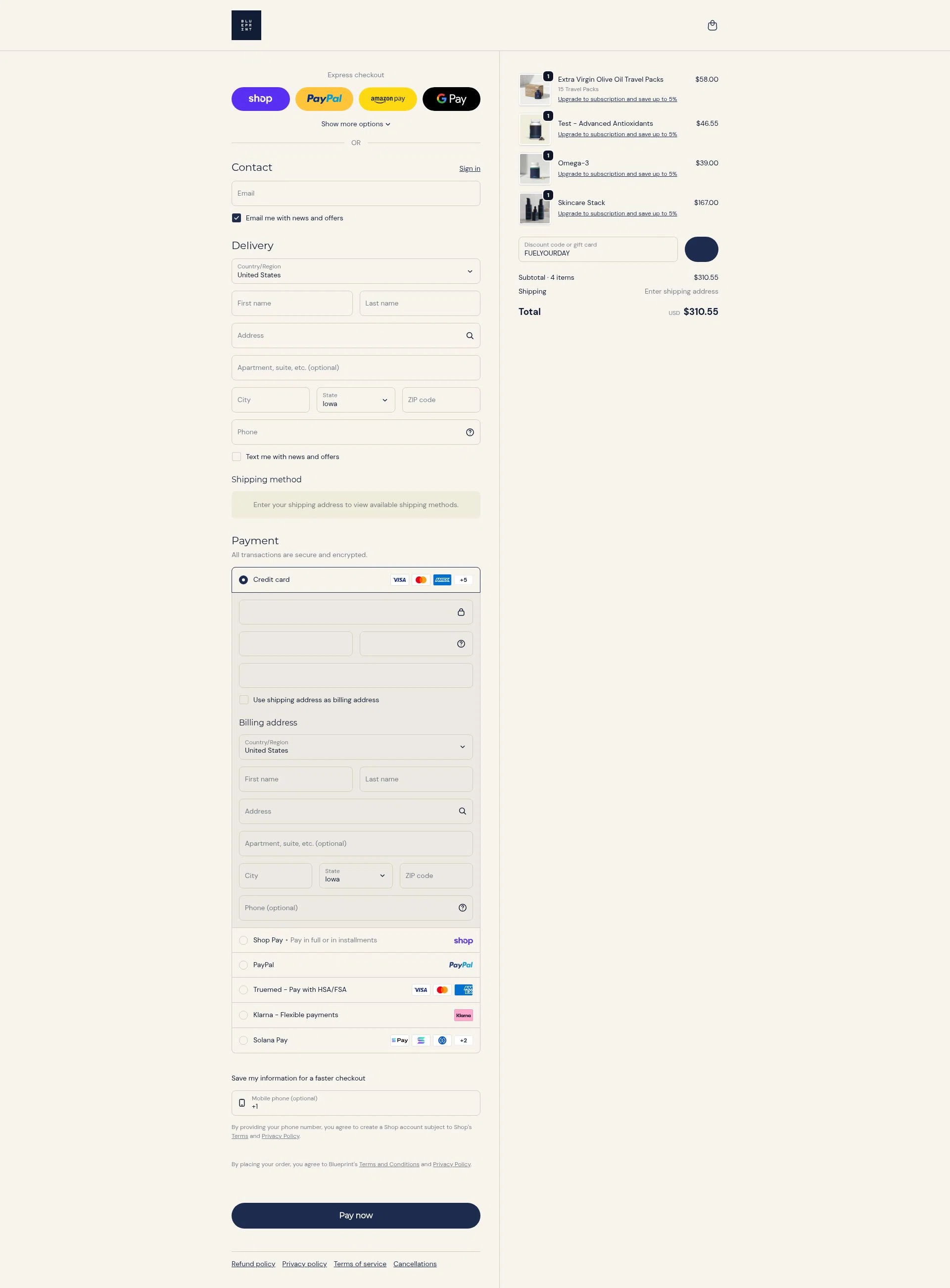 Blueprint Bryan Johnson checkout page showing Blueprint Bryan Johnson discount code box | Screenshot taken by SimplyCodes community member on Feb 10, 2026