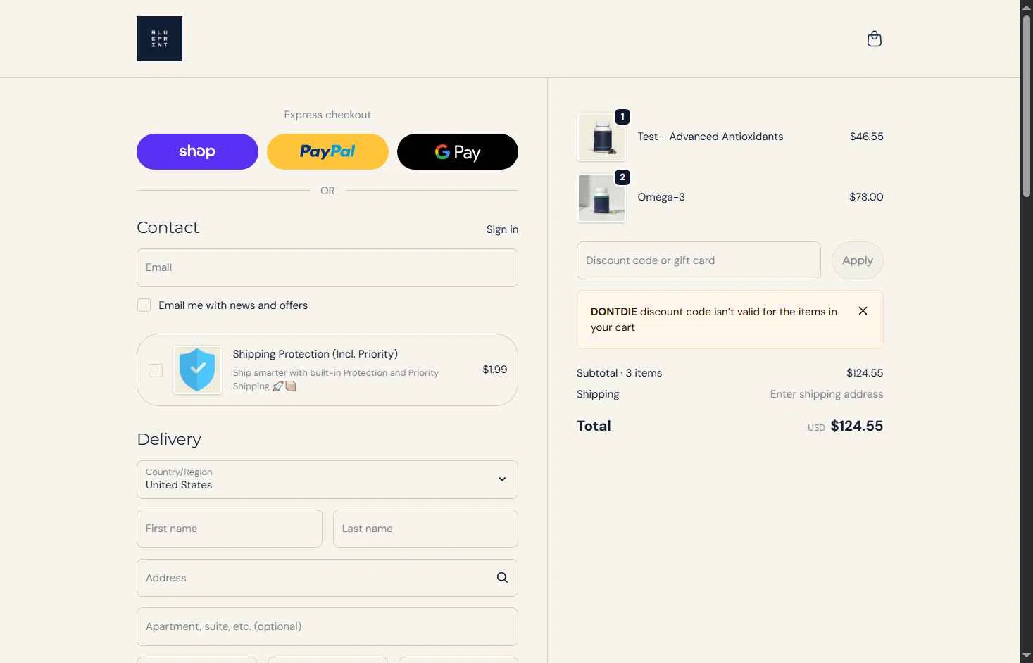 Blueprint Bryan Johnson checkout page showing Blueprint Bryan Johnson discount code box | Screenshot taken by SimplyCodes community member on Feb 9, 2026