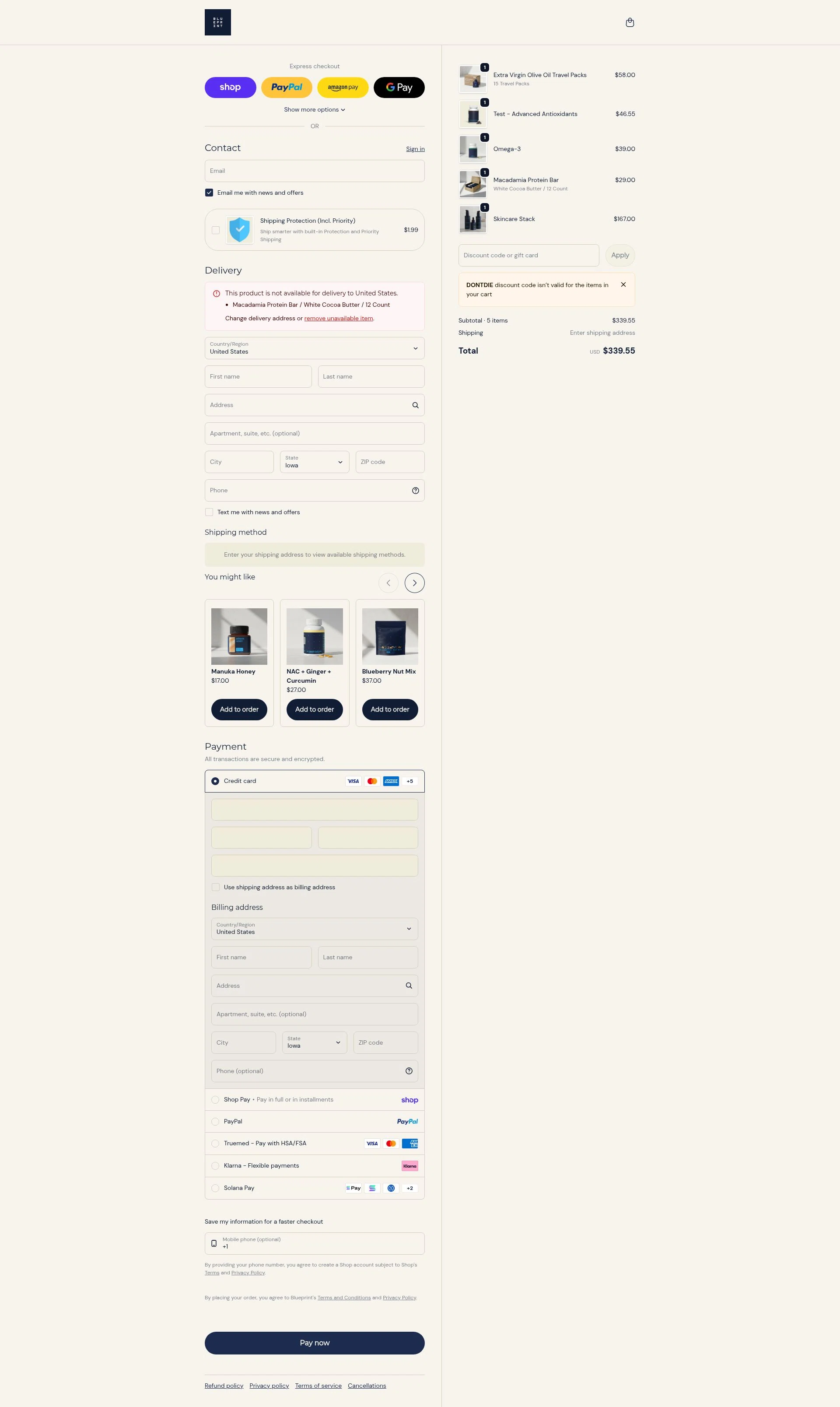 Blueprint Bryan Johnson checkout page showing Blueprint Bryan Johnson discount code box | Screenshot taken by SimplyCodes community member on Feb 9, 2026