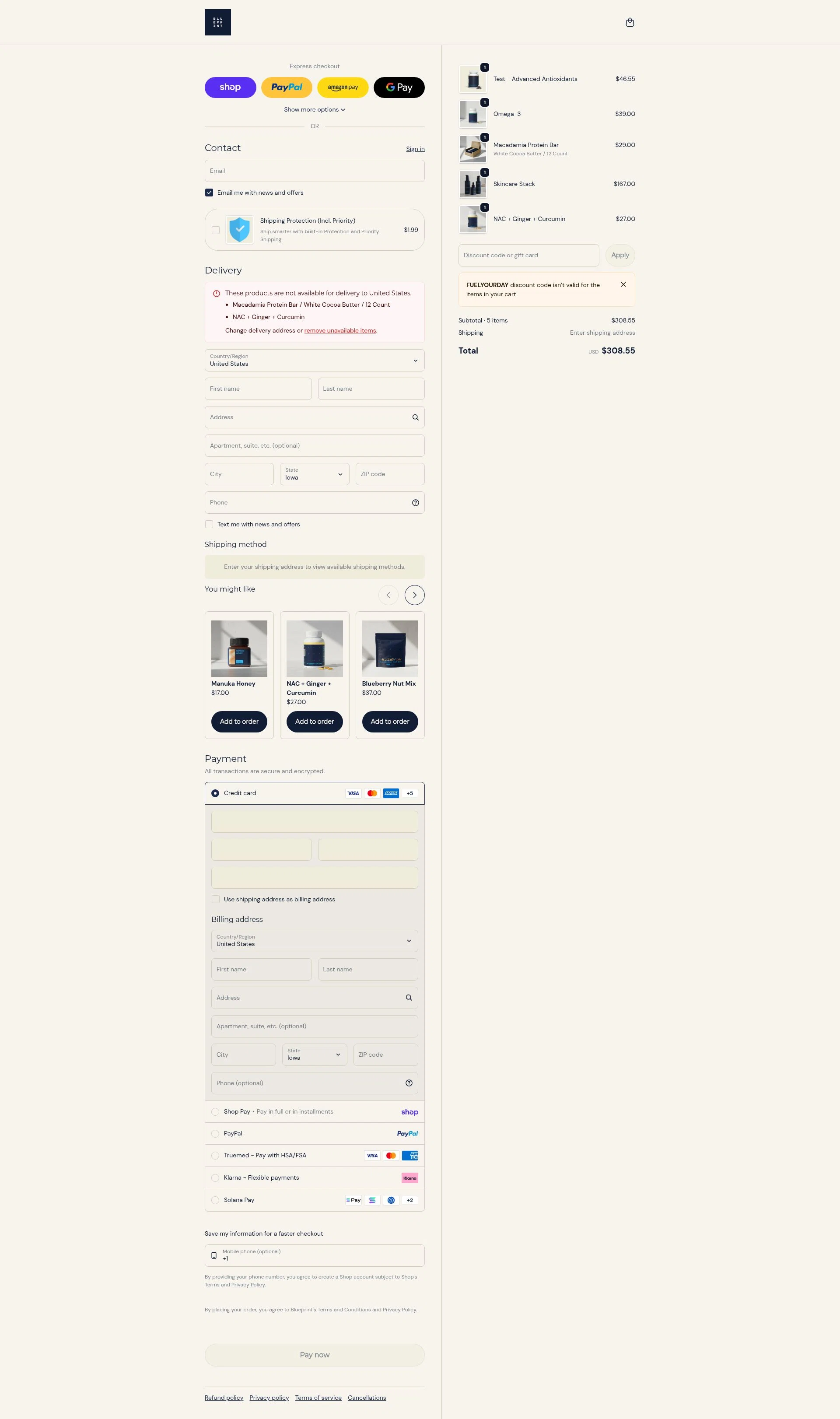 Blueprint Bryan Johnson checkout page showing Blueprint Bryan Johnson discount code box | Screenshot taken by SimplyCodes community member on Feb 6, 2026