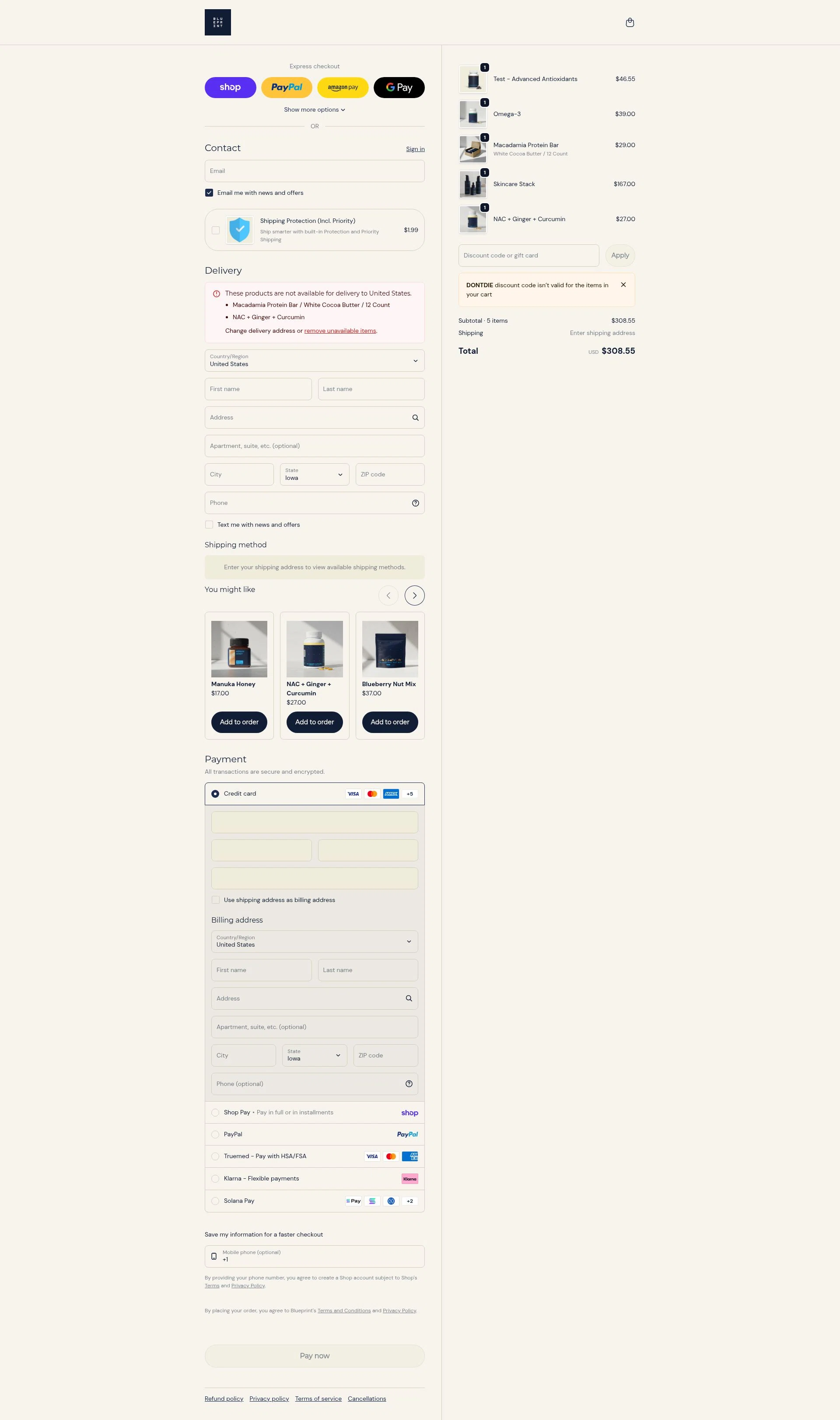 Blueprint Bryan Johnson checkout page showing Blueprint Bryan Johnson discount code box | Screenshot taken by SimplyCodes community member on Feb 6, 2026
