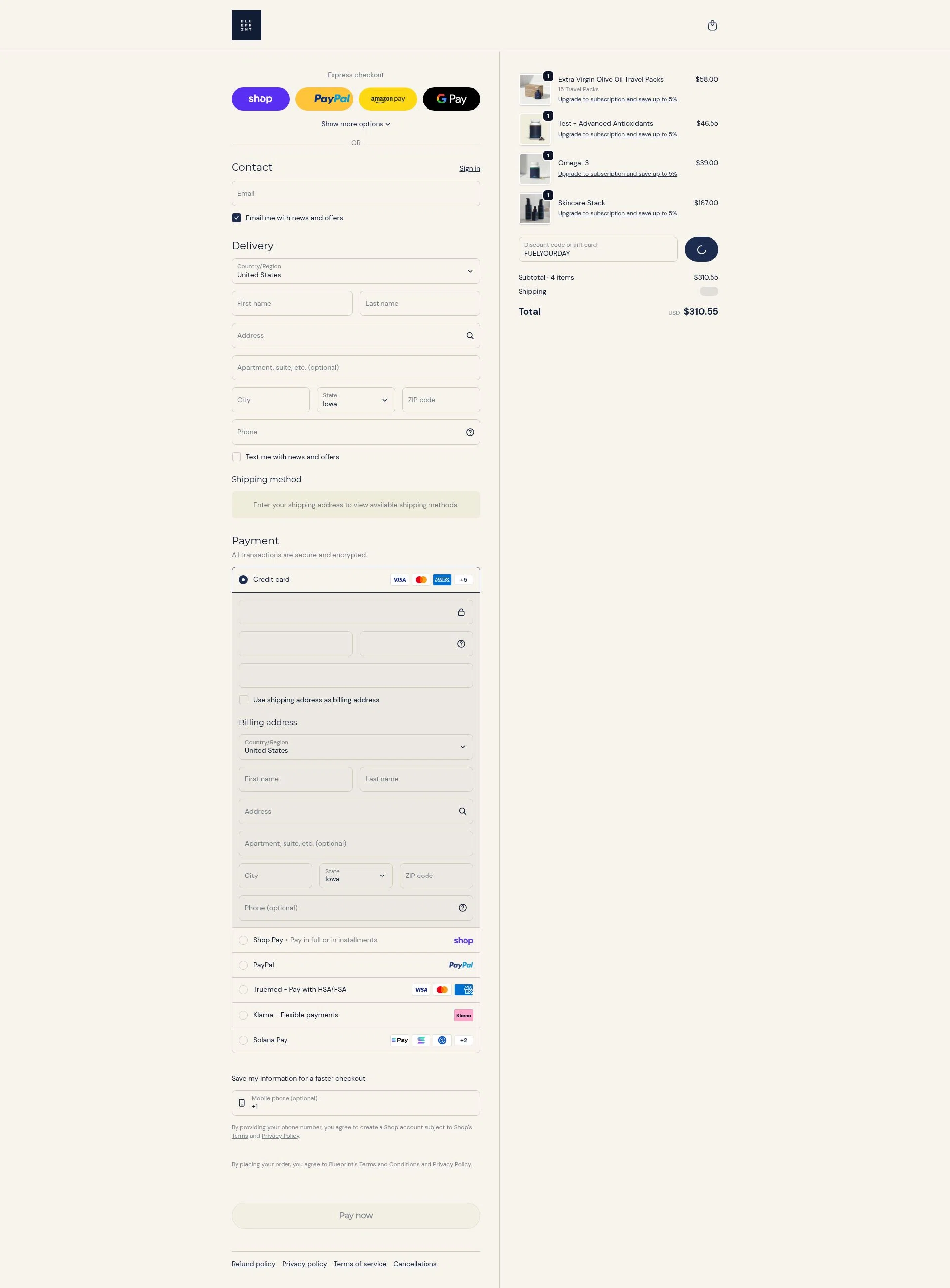 Blueprint Bryan Johnson checkout page showing Blueprint Bryan Johnson discount code box | Screenshot taken by SimplyCodes community member on Feb 11, 2026